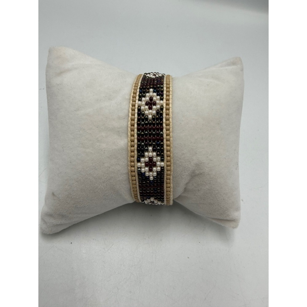 Seed Bead Loom Bracelet Geometric Diamond Boho Adjustable Burgundy Cream